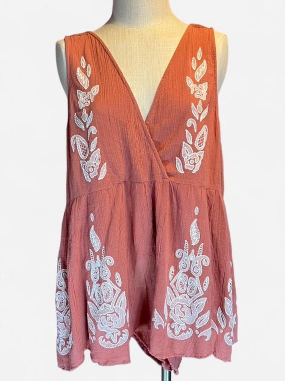 🧡Free People Intimates Orange Gauzy Cotton Romper w Cream Embroidery • NWT